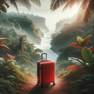 Кинематографическое изображение красного туристического чемодана на колесиках, стоящего на фоне пышных балийских джунглей или побережья, подчеркивающее атмосферу странствий и открытий.