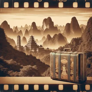 Туристический чемодан в кинематографическом стиле на фоне природных красот Хайнаня с видами на горы и тропические леса, с элементами буддийской архитектуры