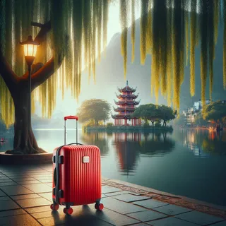 Фотография красного туристического чемодана на колесиках на фоне озера с ивами и пагодой Хоан Кием во Вьетнаме, вечернее освещение, реалистичный кинематографический стиль