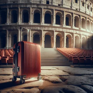 Фотография красного туристического чемодана на колесиках на фоне амфитеатра или арки в Италии, кинематографический стиль