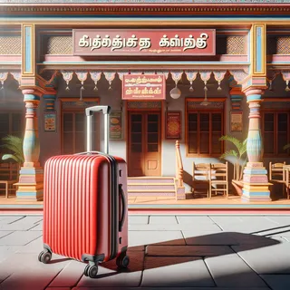 Реалистичное изображение красного чемодана на колесиках перед индийским рестораном с вывеской на тамильском языке, солнечный полдень