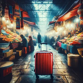 Красочный рынок в Рабате, заполненный местными товарами, в центре кадра красный туристический чемодан на колесиках, атмосферное освещение, кинематографический стиль