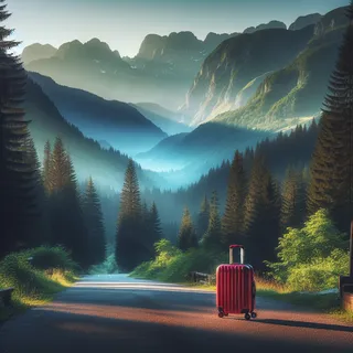 Кинематографическое изображение живописного национального парка Сербии с густыми лесами и горами на заднем плане. В центре находится красный туристический чемодан на колесиках, расположенный на дороге. Пространство залито мягким солнечным светом.
