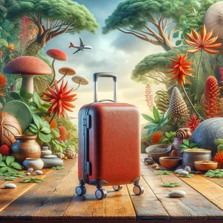 Хронические болезни и Аюрведа, красный туристический чемодан на колесиках красиво на фоне природы с традиционными растениями аюрведы, гиперреалистичный кинематографический стиль, без людей