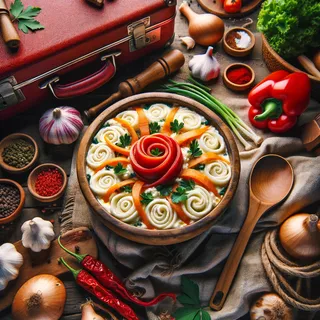 Красивый вид традиционного грузинского блюда эларджи в деревянной миске, в окружении свежих ингредиентов и красного чемодана на колесиках