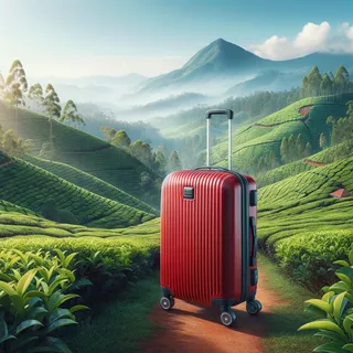 Реалистичное изображение красного туристического чемодана на колесиках посреди зеленой чайной плантации на холмах Шри-Ланки, с видом на голубое небо и горные вершины