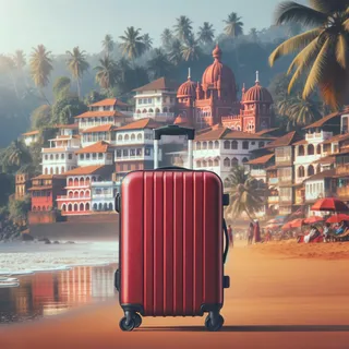 реалистическое кинематографическое изображение красного туристического чемодана на колесиках на фоне местных видов Гоа без людей