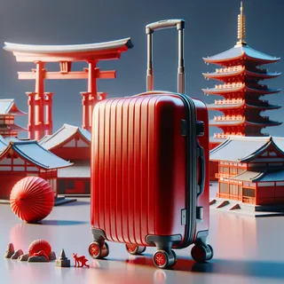 Изображение (не иллюстрация) только в очень реалистичном кинематографическом стиле. На изображении должен присутстовать красный туристический чемодан на колесиках. На изображении не должно быть людей.. Тема изображения: 9 дней в японии. Что стоит посетить?