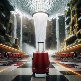 Кинематографическое изображение с красным туристическим чемоданом на колесиках на фоне мощного водопада в Jewel Changi Airport, без людей