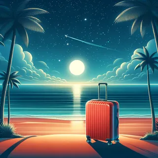 Изображение тропического пляжа вечером с видом на океан и стоящим на песке красным туристическим чемоданом на колесиках, без людей, в кинематографическом стиле
