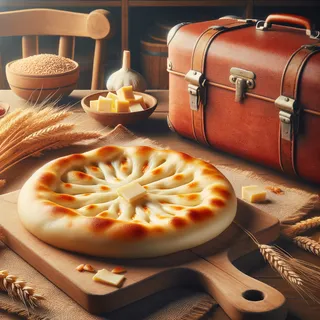 Круглый хачапури на деревянной доске, с кусочками нежного тянущегося сыра, колосья пшеницы и красный туристический чемодан на колесиках в традиционной грузинской кухне, кинематографический стиль, без людей