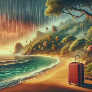 Фантастический пейзаж тропического пляжа на Шри-Ланке с красным туристическим чемоданом на колесиках на переднем плане, на заднем плане побережье с медленно падающими каплями дождя