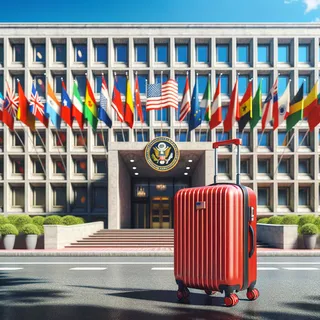 Фотореалистичное изображение красного чемодана на колесах на фоне здания посольства с флагами разных стран, яркий солнечный день