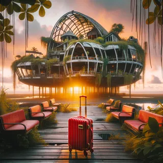 Фотография заброшенного кафе в виде корабля, обрамленного тропической растительностью, на фоне заката с красным туристическим чемоданом на колесиках, стоящим в центре кадра