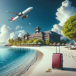 Красивый пляж Мальдив, роскошный отель и летящий в небе самолет, без людей, изображение в максимально реальном кинематографическом стиле. На этом изображении присутствует красный туристический чемодан на колесиках.