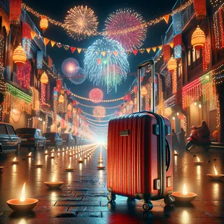 Изображение (не иллюстрация) только в очень реалистичном кинематографическом стиле. На изображении должен присутстовать красный туристический чемодан на колесиках. На изображении не должно быть людей.. Тема изображения: Праздник Дивали в Индии