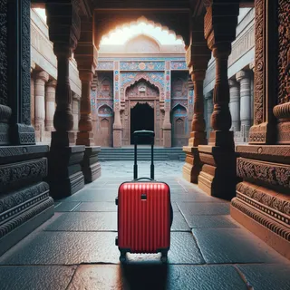 Кинематографическая фотография индийского зороастрийского храма с красным туристическим чемоданом на колесиках у входа, без людей