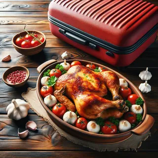 Широкий деревянный стол с блюдом жареной курицы в ярко-белом чесночном соусе. Рядом красный туристический чемодан на колесиках.