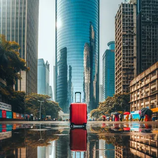 Высокий стеклянный небоскрёб в центральной части города Индии, у подножия которого одинокий красный чемодан, отражающийся на блестящей поверхности