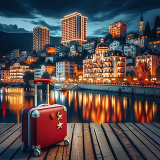 Фон в ночной атмосферной настройки города Лесковац, подсвеченные отели и апартаменты, на переднем плане красный туристический чемодан на колесиках