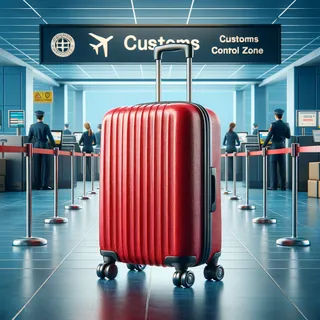 Реалистичное изображение красного туристического чемодана на колесиках на фоне зоны таможенного контроля
