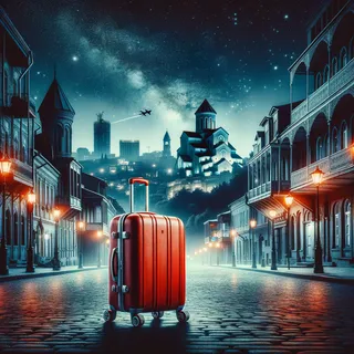 Красный чемодан на колесиках на фоне ночного Тбилиси в кинематографическом стиле