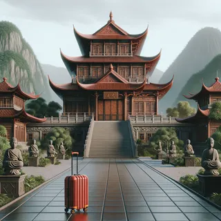 Кинематографическое реалистичное изображение буддийского монастыря с красным туристическим чемоданом на колесиках у входа