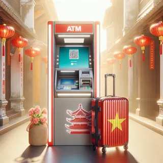 Изображение реалистичного банкомата во Вьетнаме, с QR-кодом на дисплее, стоит красный туристический чемодан рядом, яркое солнечное освещение
