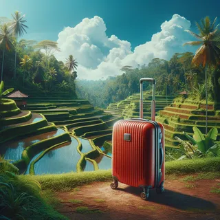 Изображение с красным туристическим чемоданом на колесиках, стоящим на фоне рисовых террас Убуда, покрытых густой растительностью, под ярким голубым небом, в очень реалистичном кинематографическом стиле