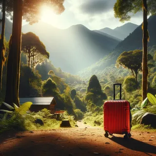 Густой лес, горы, красный чемодан на колесиках перед входом в натуральный парк Перияр, залитый солнечным светом