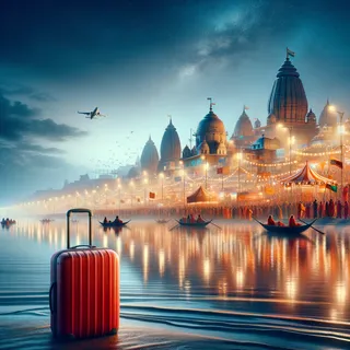 Фестиваль Кумбха Мела на берегу священной реки с вечерним небом, отражающим яркие огни и красный туристический чемодан на переднем плане, очень реалистичный кинематографический стиль, без людей