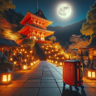 Храм в горах, ночью, полная луна, свет фонарей, красный туристический чемодан на колесиках