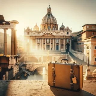 Чемодан стоит на фоне величественного вида на Рим, окруженный историческими зданиями и архитектурными элементами, окруженный лучами утреннего солнца