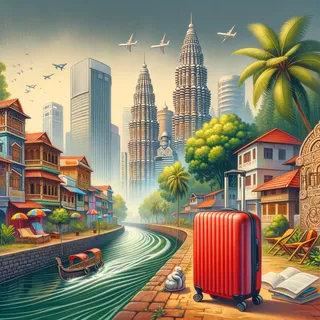 Экономика города Керала с красным туристическим чемоданом на заднем плане, который стоит на улице, окруженной зданиями и деревьями