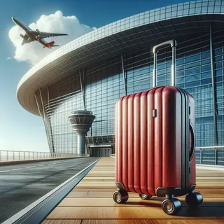 Реалистичное изображение красного туристического чемодана на колесиках на фоне современного здания аэропорта