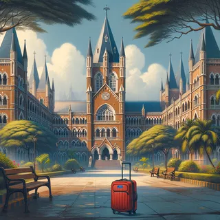 Мумбайский колледж святого Ксавьера, окруженный зеленью, фасад неоготического стиля с высокими арками и башнями, красный туристический чемодан на колесиках на переднем плане