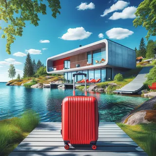 Красный туристический чемодан на фоне современной шведской архитектуры в скандинавском пейзаже