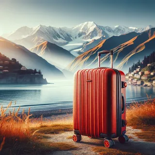 Кинематографический реалистичный стиль, красный туристический чемодан на колесиках на фоне потрясающего грузинского пейзажа, горы и море