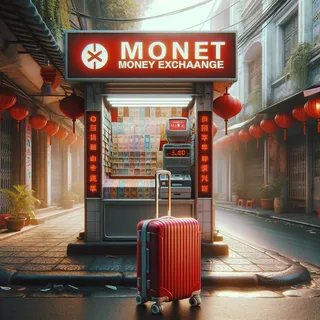 Очень реалистичный кинематографический стиль изображения красного туристического чемодана на колесиках в окружении оборудованного уличного обменного пункта во Вьетнаме