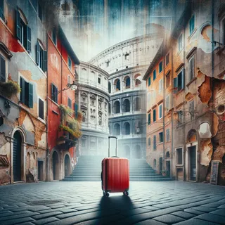Красный туристический чемодан на колесиках стоит на фоне исторической архитектуры Итальянской улицы с обветшалыми зданиями и современной подсветкой в стиле кинематографической съемки