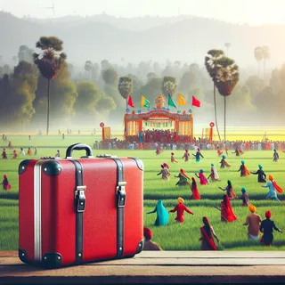 Реалистичное изображение красного туристического чемодана на фоне зелёных полей и яркого фестиваля в Пенджабе, Индия, в кинематографическом стиле