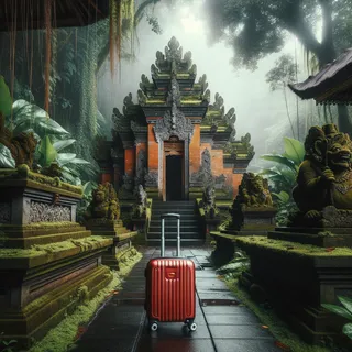 Красный чемодан на колесиках у входа в балийский храм в джунглях, кинематографичный стиль