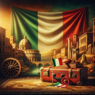 Исторический итальянский флаг на фоне старинных зданий и пейзажей Италии, красный туристический чемодан на колесиках