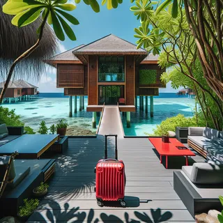 Бутик-отель на Мальдивах с уникальным дизайном, окруженный зелеными садами и с видом на бирюзовое море, на переднем плане красный чемодан на колесиках