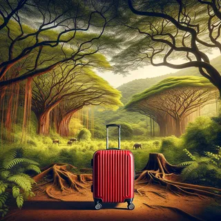 Фотография в национальном парке Рантамбор в Индии. Красный туристический чемодан на колесиках стоит на фоне пышной зелени и мощных деревьев. Цвета насыщенные и очень реалистичные. Очертания леса и тропического пейзажа видны на заднем плане