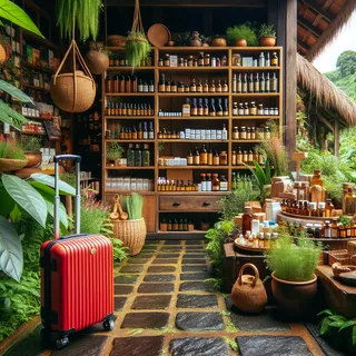 фермерская лавка с разными видами аюрведических препаратов, масла и травы, классная упаковка на деревянных полках, вокруг много зелени, а на переднем плане красный туристический чемодан на колесиках