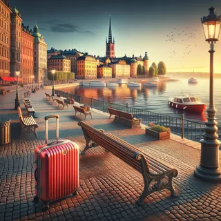Затока у набережной в Стокгольме с красным туристическим чемоданом на переднем плане, реалистичные пейзажи города