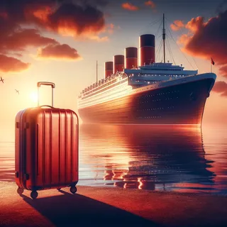 Красный туристический чемодан на фоне океанского лайнера с красивыми закатными красками, без людей, в кинематографическом стиле