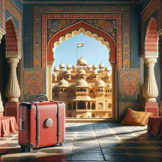 реалистичное изображение красного туристического чемодана внутри старинного индийского форта, окруженного богато украшенными стенами и арками, с видом на яркие храмы и дворцы вдалеке, без людей