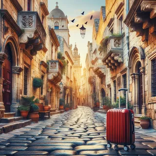Живописные улицы исторического города с старинной архитектурой и красным чемоданом на колесиках